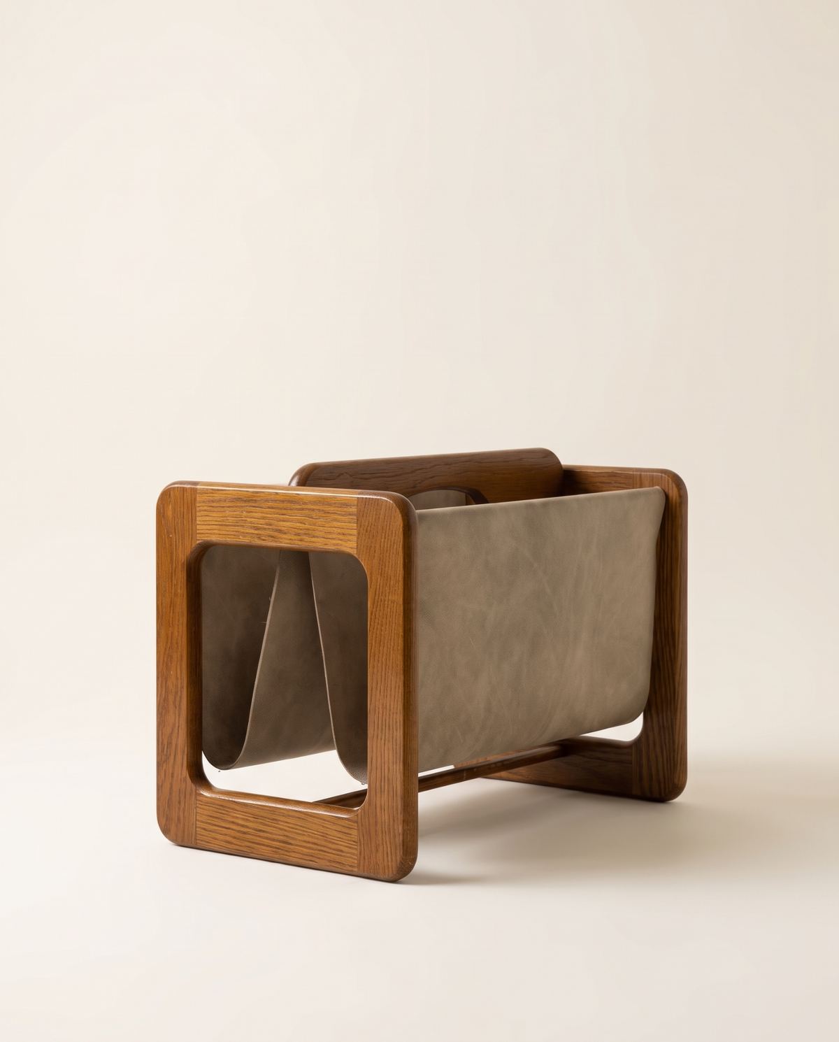 Danish oak and leather magazine stand, 1970s