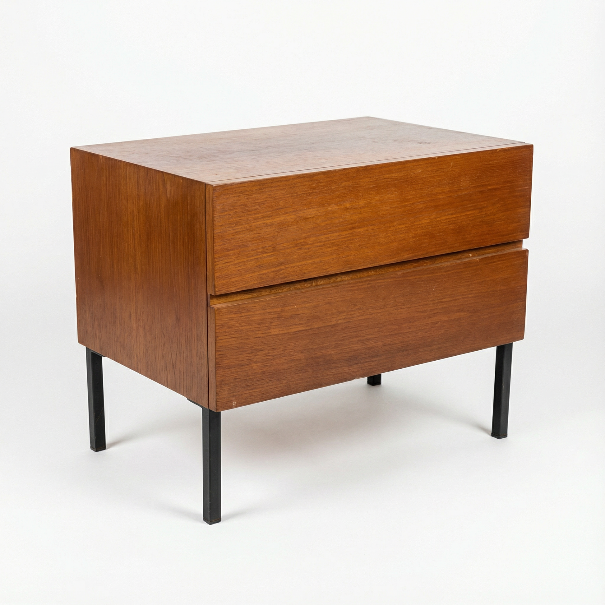 mid-century modern teak dresser and nightstands, black metal legs