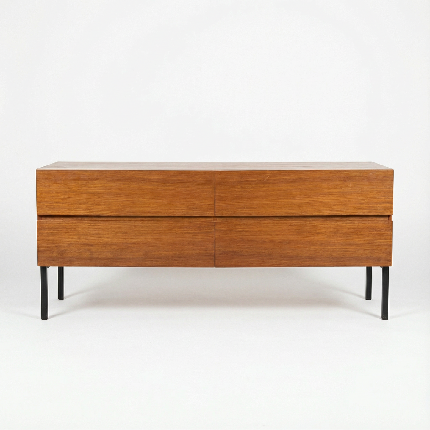 mid-century modern teak dresser and nightstands, black metal legs