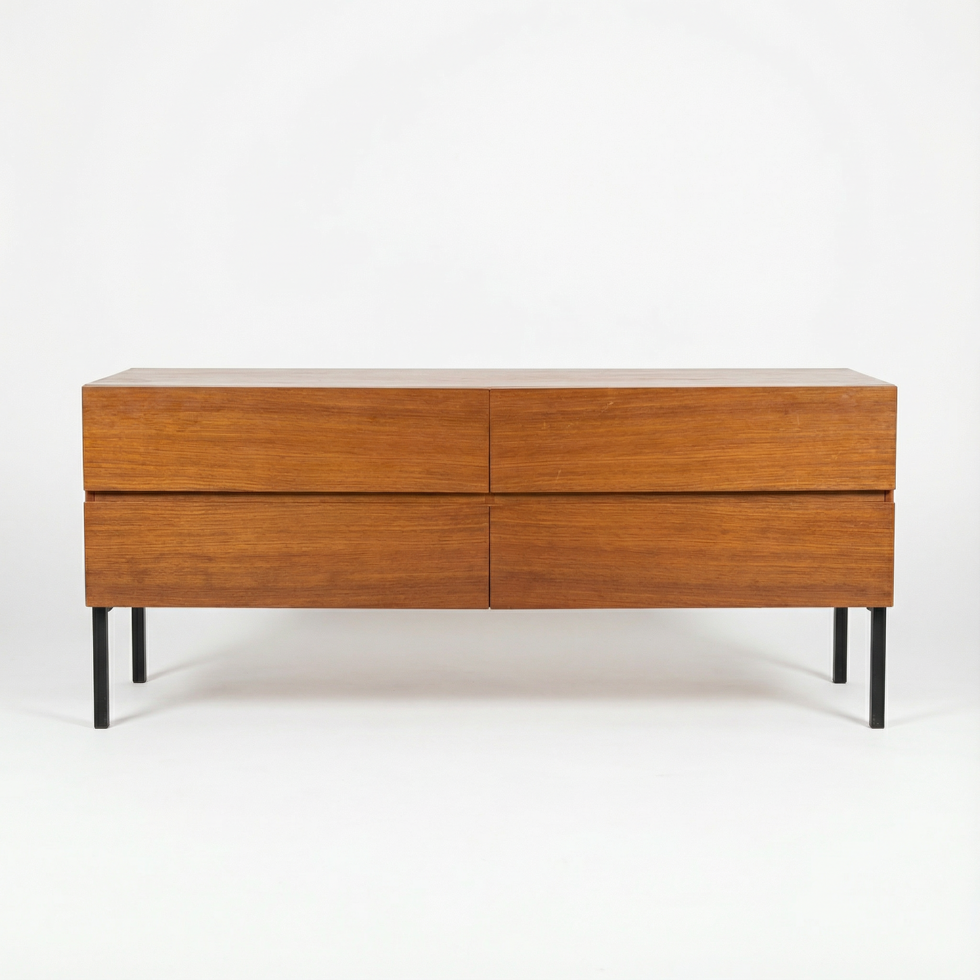 mid-century modern teak dresser and nightstands, black metal legs