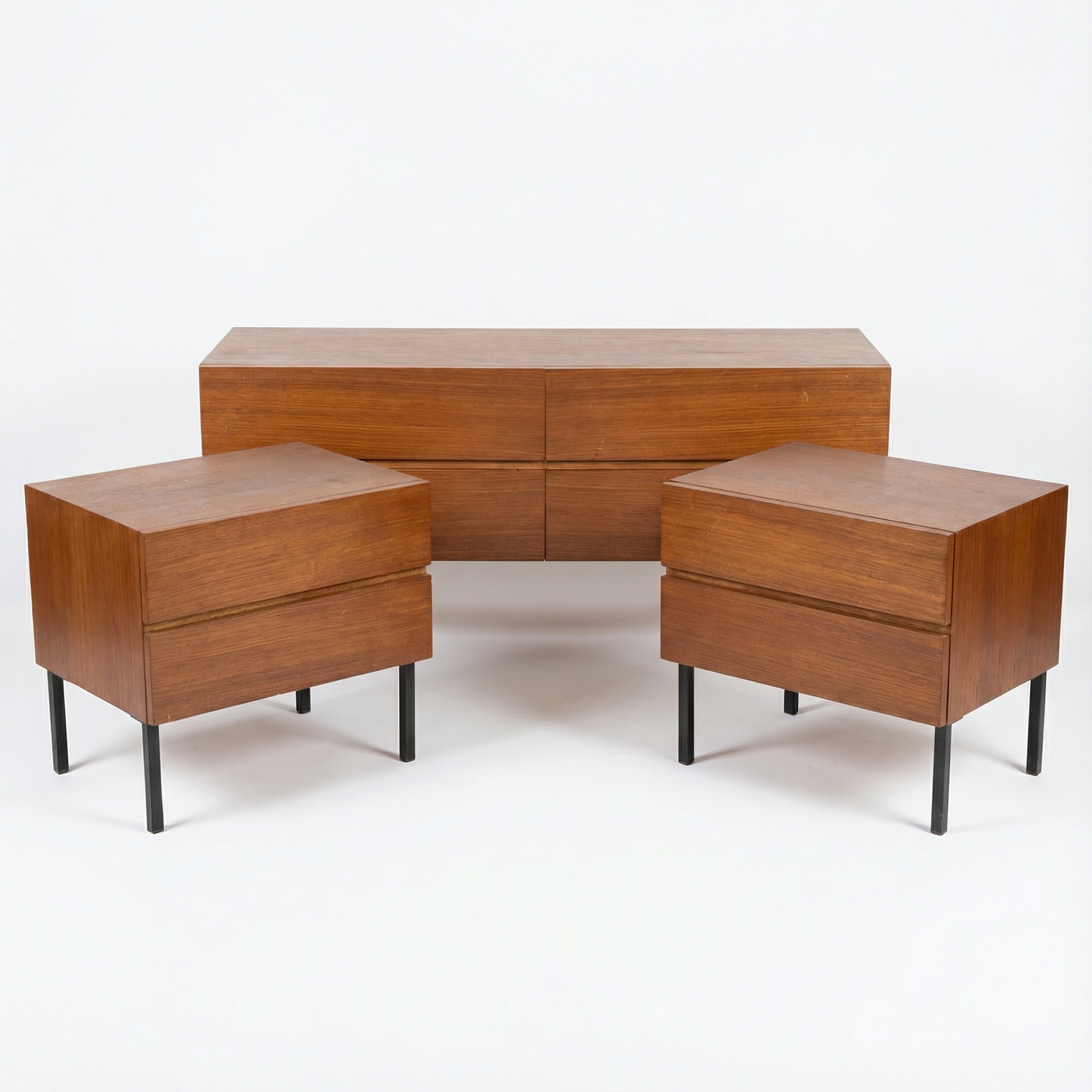 mid-century teak bedroom set with chest of drawers and nightstands