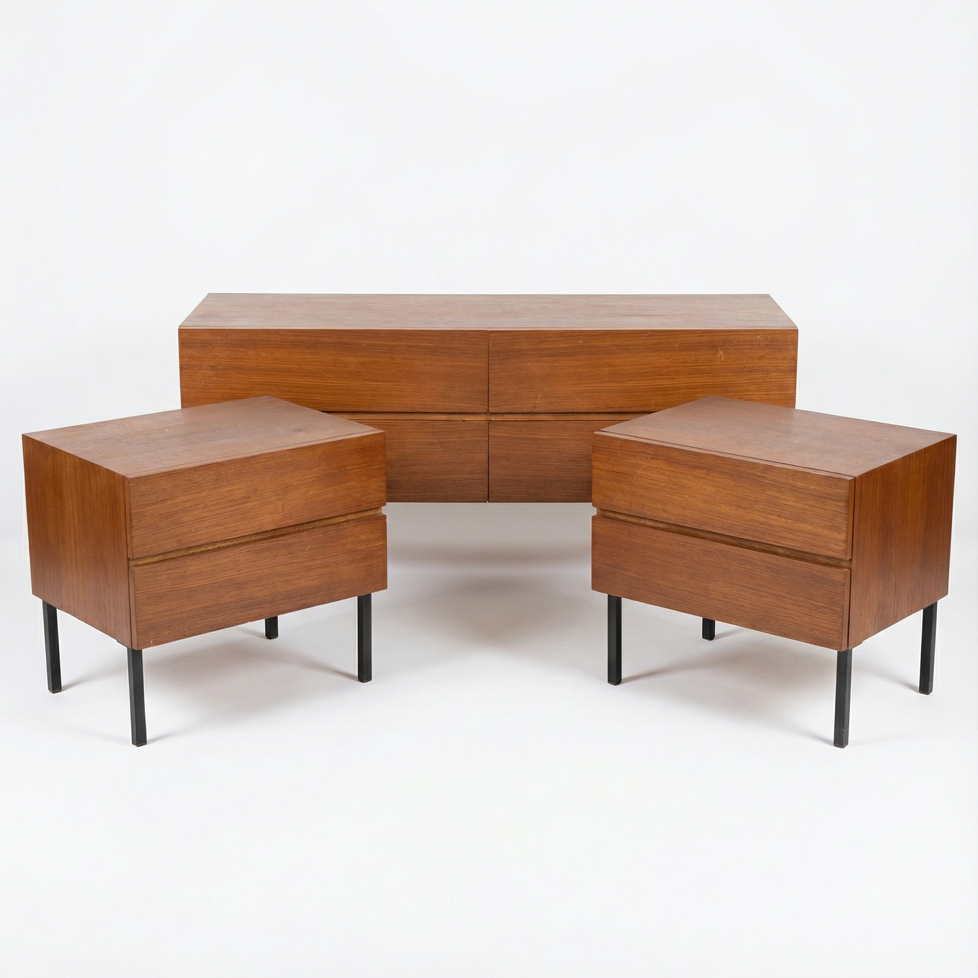 mid-century teak bedroom set with chest of drawers and nightstands