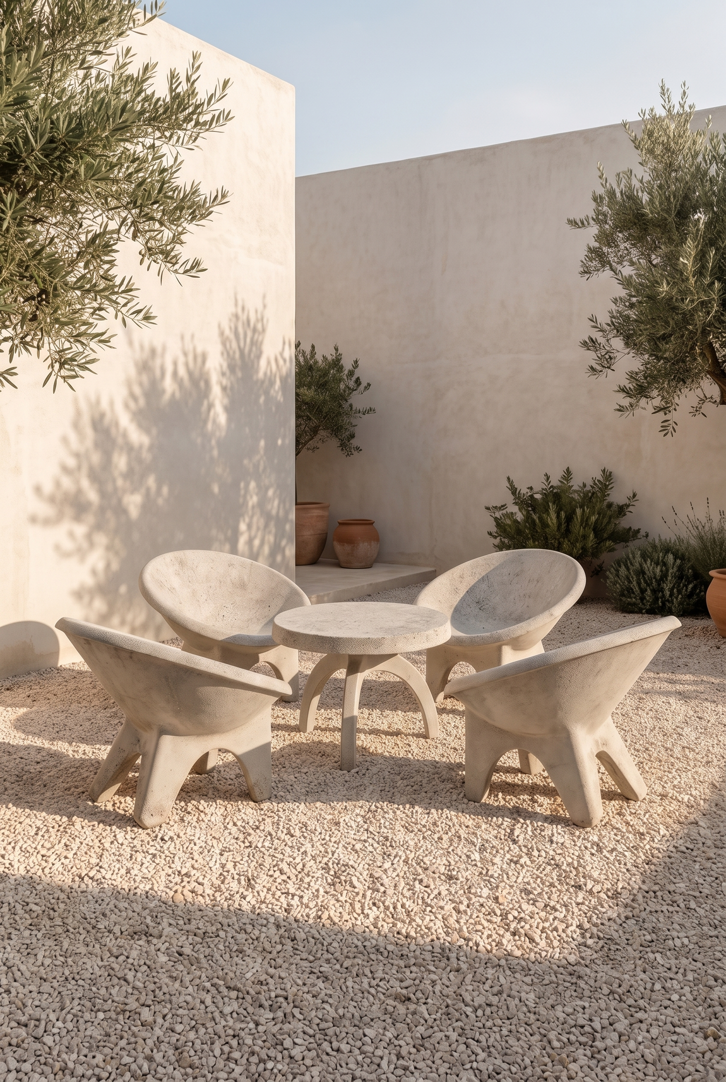 A set of four modern concrete patio chairs and a matching round table arranged in a courtyard with beige stucco walls, gravel flooring, and potted olive trees.