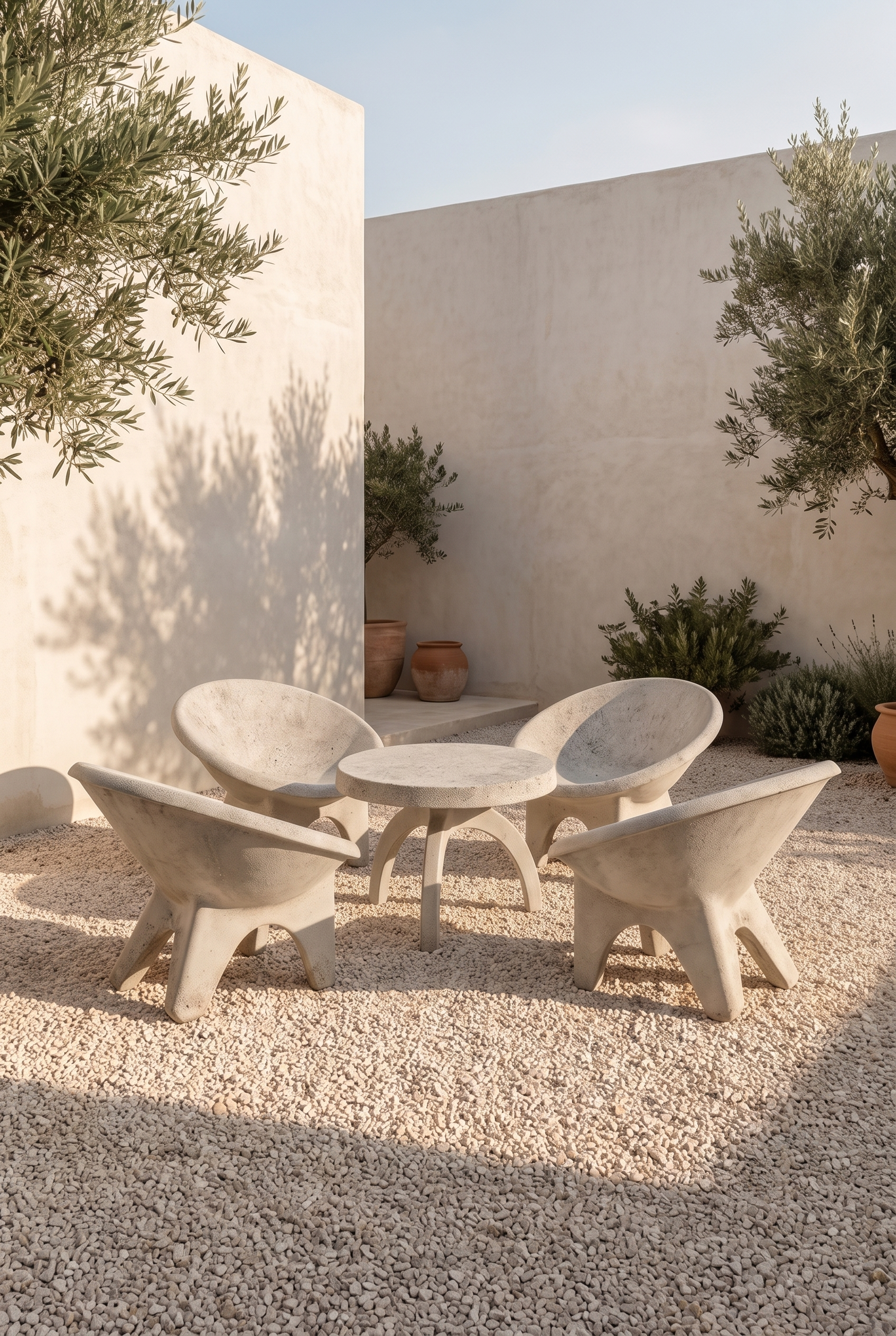 A set of four modern concrete patio chairs and a matching round table arranged in a courtyard with beige stucco walls, gravel flooring, and potted olive trees.