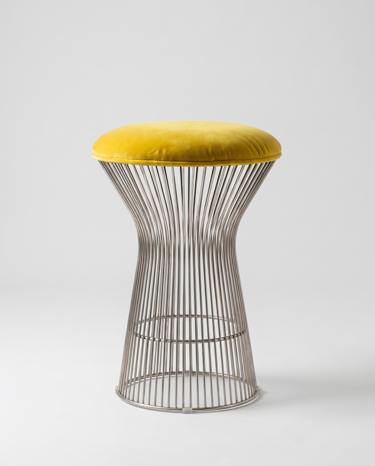 Yellow velvet vintage stool with chrome wire base